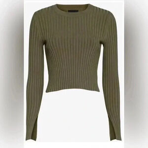 Woman INTERMIX khaki Green Ribbed Long Sleeve Cropped Shirt Top Sz Petite XS